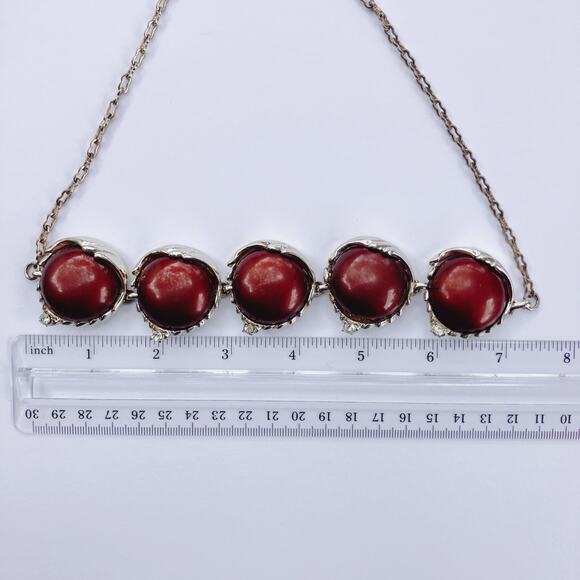 Vintage Mid Century Gold Tone Necklace Brown Cabochons Prong Set Rhinestones - Picture 6 of 16